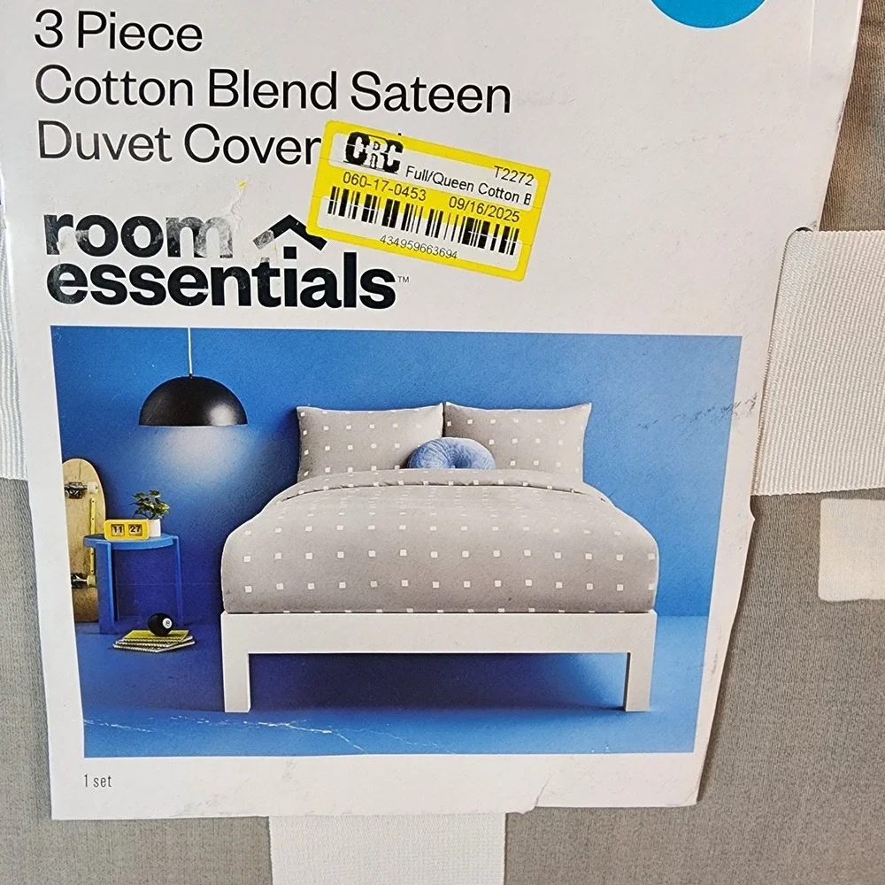 3 Piece Duvet Cover Set Room Essentials Grey/ White Check Square Full/Queen New